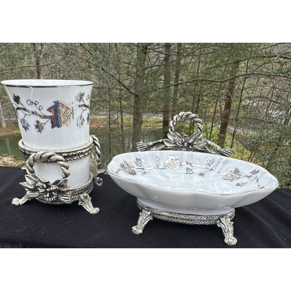 Vintage Stylebuilt Silver Tumbler And Soap Dish Set Ivy Leaves Pattern Heavy!! - Picture 3 of 12